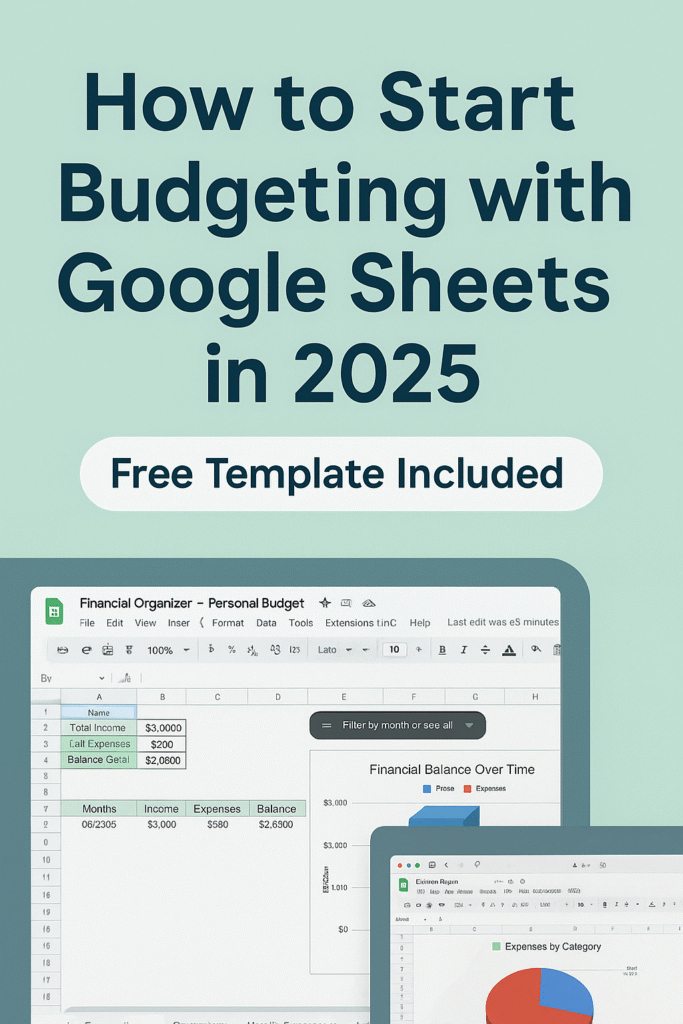 Screenshot of a personal budget spreadsheet in Google Sheets showing charts and income summary.